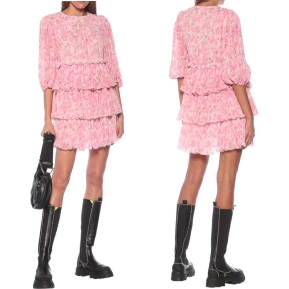 GANNI Pink Tiered Floral Print Plissé Georgette Mini Dress Size EU 36 US 4